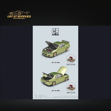 Cool ART Nissan Skyline GT-R R34 JADE GREEN With Openable Hood-Trunk & Display Engine 1:64 (ONLINE ORDER ONLY)