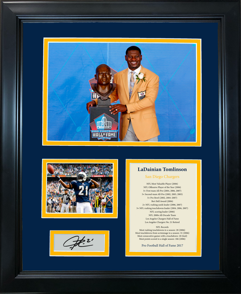 Framed LaDainian Tomlinson Hall of Fame Facsimile Laser Engraved Signature Auto San Diego Chargers 11"x14" Football Photo Sig Collage (ONLINE ORDER ONLY)