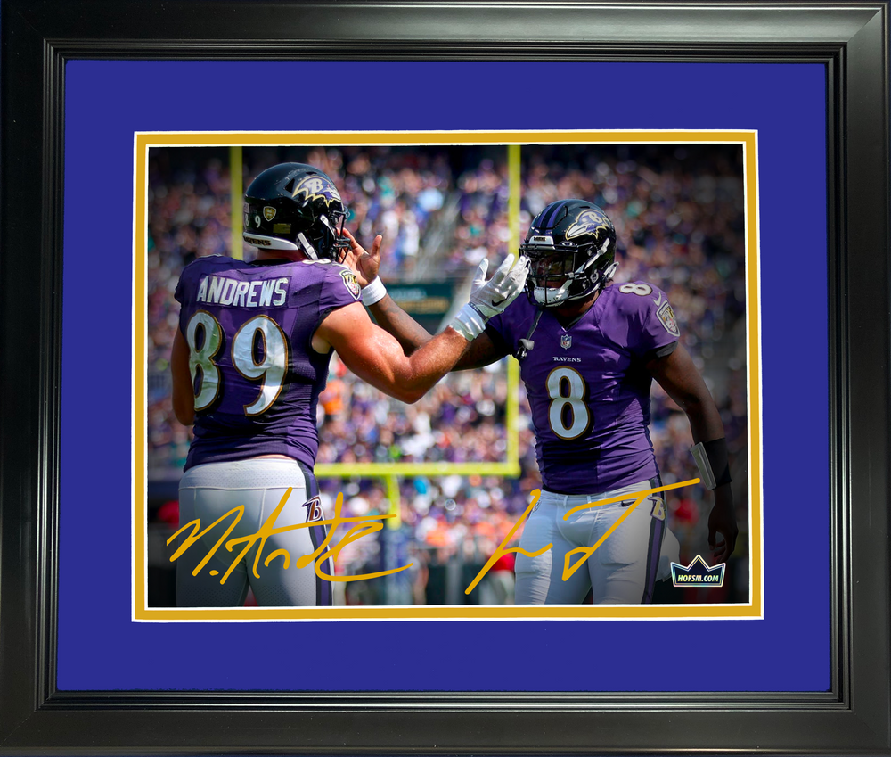 Framed Lamar Jackson & Mark Andrews Dual Facsimile Laser Engraved Signature Auto Baltimore Ravens 11"x14" Football Photo HOFSM Holo (ONLINE ORDER ONLY)