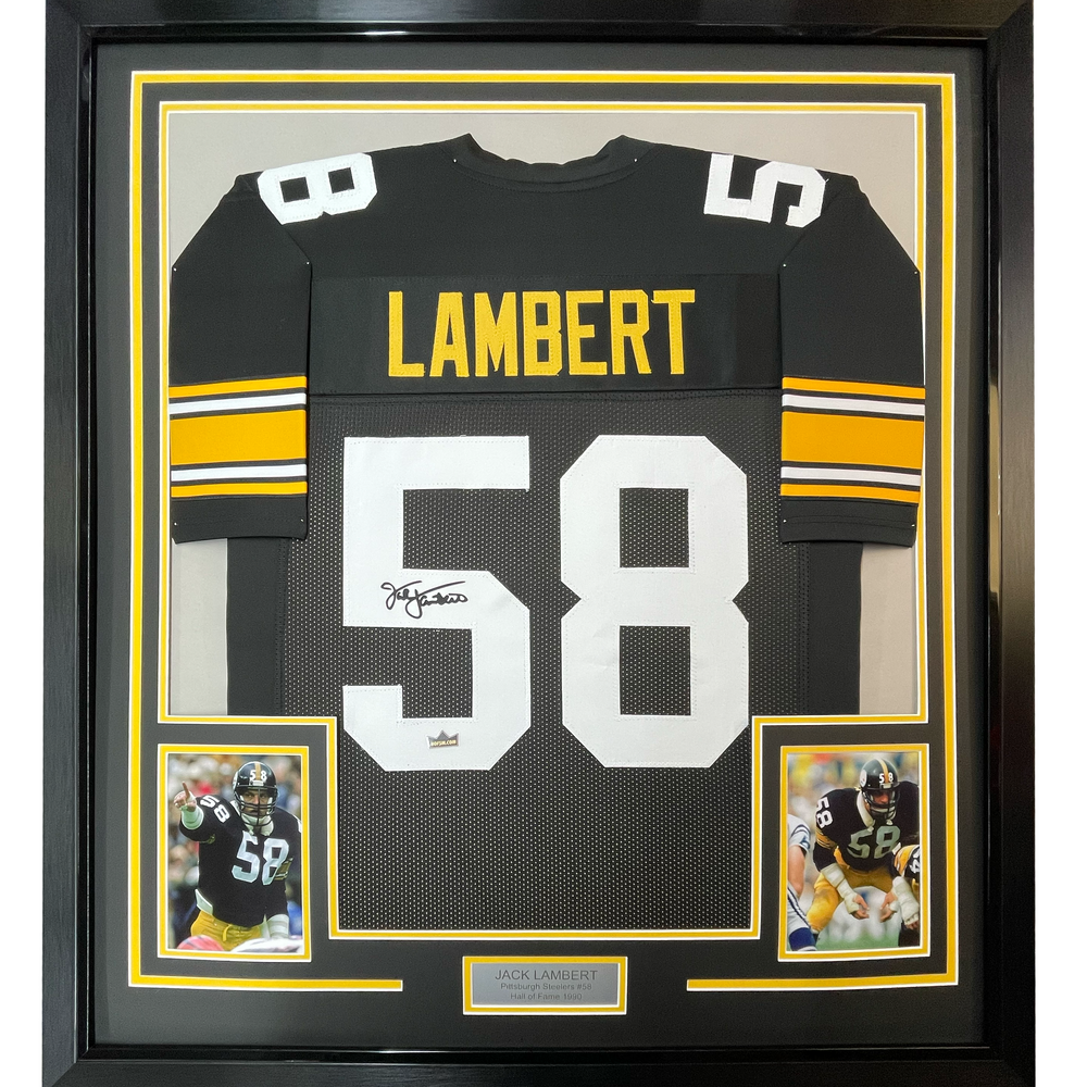 Framed Facsimile Autographed Jack Lambert 35x39 Pittsburgh Black Reprint Laser Auto Football Jersey (ONLINE ORDER ONLY)