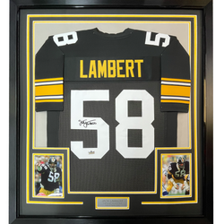 Framed Facsimile Autographed Jack Lambert 35x39 Pittsburgh Black Reprint Laser Auto Football Jersey (ONLINE ORDER ONLY)