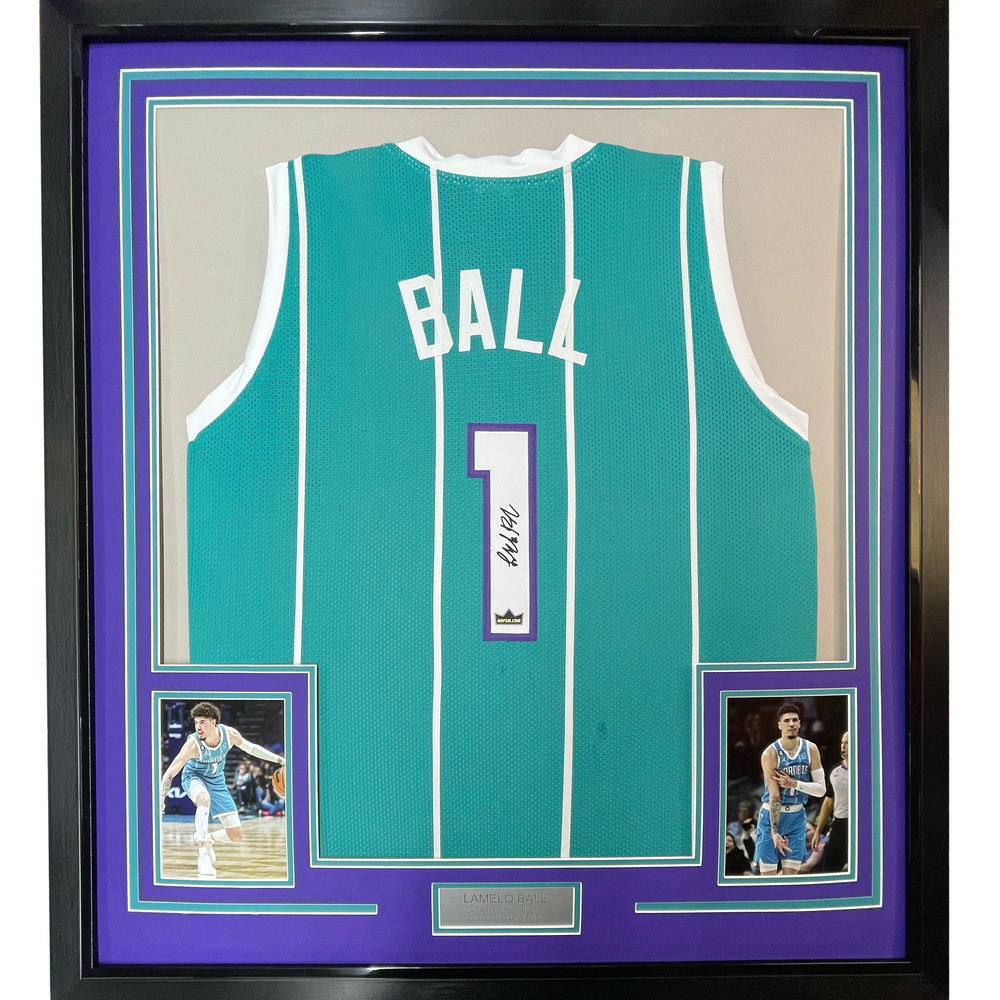 Framed Facsimile Autographed LaMelo Ball 35x39 Charlotte Teal Reprint Laser Auto Basketball Jersey (ONLINE ORDER ONLY)