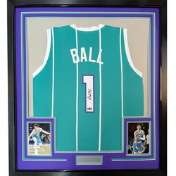 Framed Facsimile Autographed LaMelo Ball 35x39 Charlotte Teal Reprint Laser Auto Basketball Jersey (ONLINE ORDER ONLY)