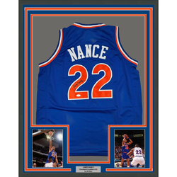 Framed Autographed/Signed Larry Nance 35x39 Cleveland Blue Basketball Jersey JSA COA