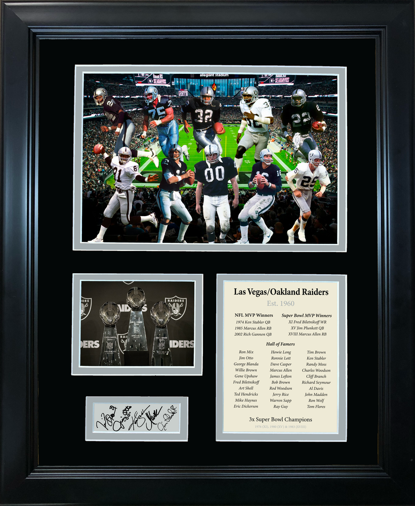 Framed Las Vegas Oakland Raiders All-Time Greats Facsimile Laser Engraved Signature Auto 11"x14" Football Photo Sig Collage (ONLINE ORDER ONLY)
