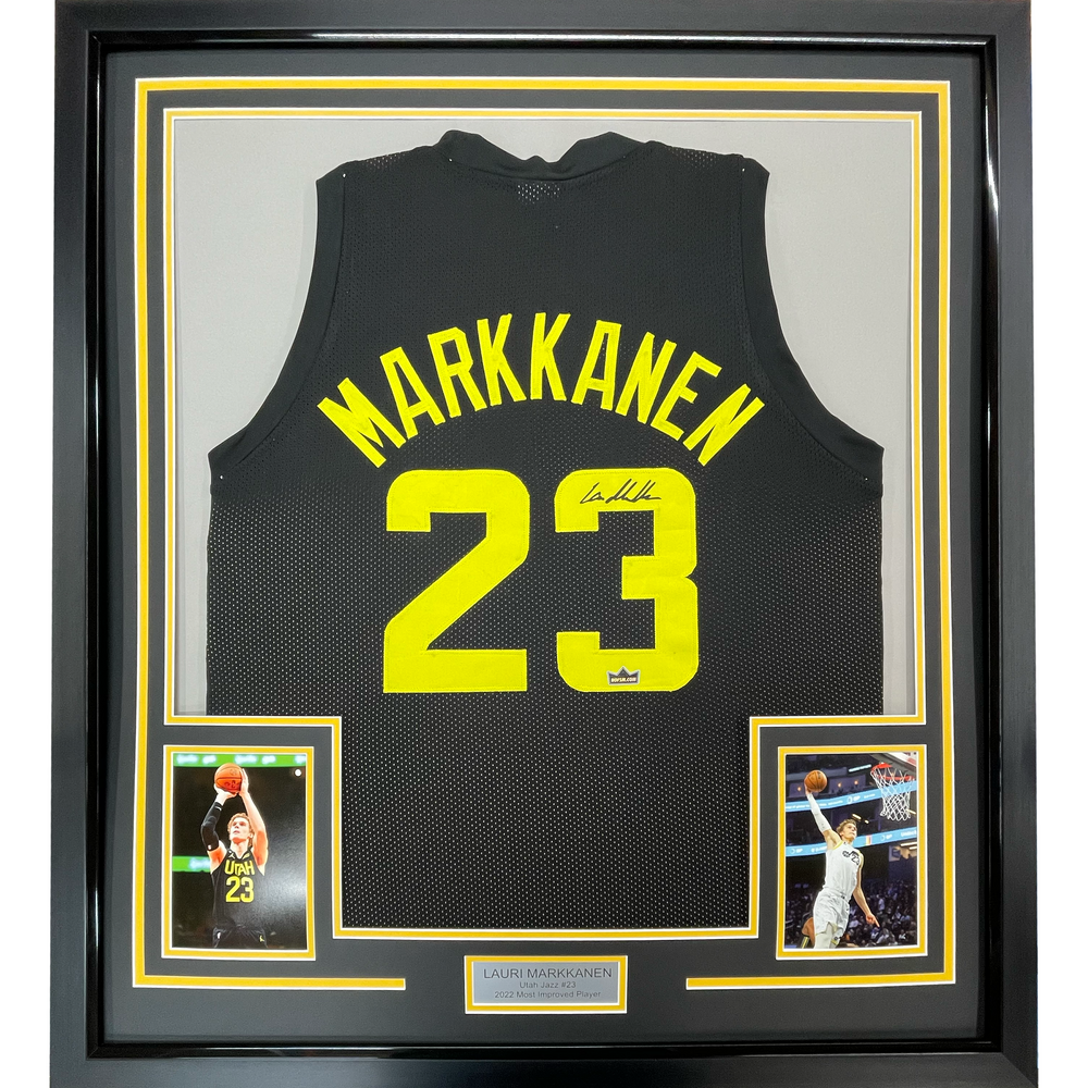 Framed Facsimile Autographed Lauri Markkanen 35x39 Utah Black Reprint Laser Auto Basketball Jersey (ONLINE ORDER ONLY)