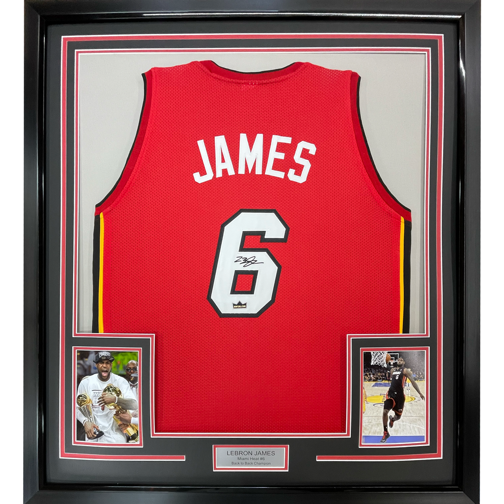 Framed Facsimile Autographed LeBron James 35x39 Miami Red Reprint Laser Auto Basketball Jersey (ONLINE ORDER ONLY)