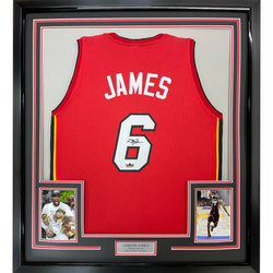Framed Facsimile Autographed LeBron James 35x39 Miami Red Reprint Laser Auto Basketball Jersey (ONLINE ORDER ONLY)