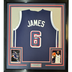Framed Facsimile Autographed LeBron James 35x39 2024 United States Team USA Blue Reprint Laser Auto Basketball Jersey (ONLINE ORDER ONLY)