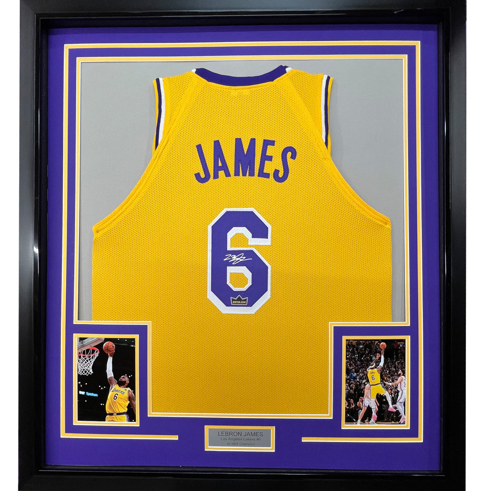 Framed Facsimile Autographed LeBron James 35x39 Los Angeles LA Yellow Reprint Laser Auto Basketball Jersey (ONLINE ORDER ONLY)