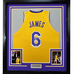 Framed Facsimile Autographed LeBron James 35x39 Los Angeles LA Yellow Reprint Laser Auto Basketball Jersey (ONLINE ORDER ONLY)