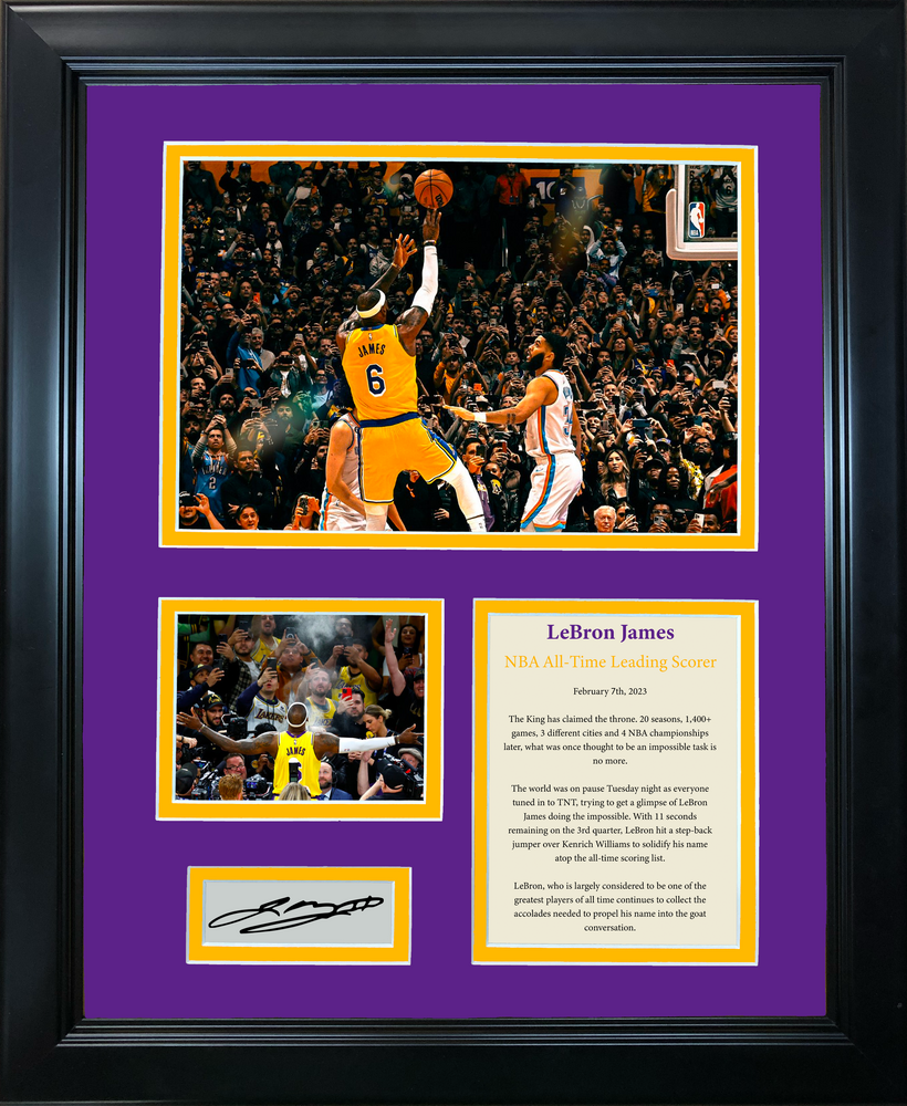 Framed LeBron James NBA All-Time Leading Scorer Facsimile Laser Engraved Signature Auto Los Angeles Lakers Basketball 11"x14" Photo Sig Collage (ONLINE ORDER ONLY)
