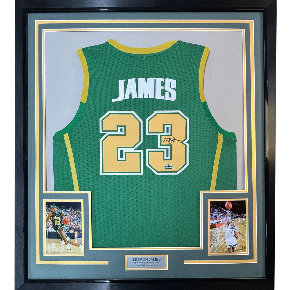 Framed Facsimile Autographed LeBron James 35x39 St. Vincent-St. Mary High School Green Reprint Laser Auto Basketball Jersey (ONLINE ORDER ONLY)