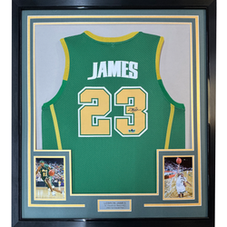 Framed Facsimile Autographed LeBron James 35x39 St. Vincent-St. Mary High School Green Reprint Laser Auto Basketball Jersey (ONLINE ORDER ONLY)