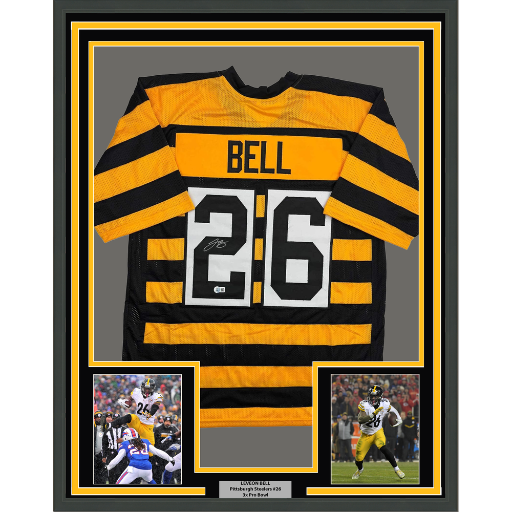 Framed Autographed/Signed Le'Veon LeVeon Bell 35x39 Pittsburgh Bumble Bee Jersey JSA COA