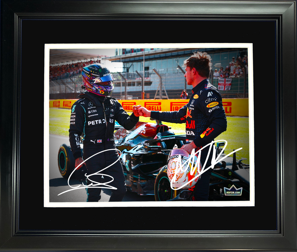 Framed Lewis Hamilton & Max Verstappen Dual Facsimile Laser Engraved Signature Auto 11"x14" F1 Racing Photo HOFSM Holo (ONLINE ORDER ONLY)
