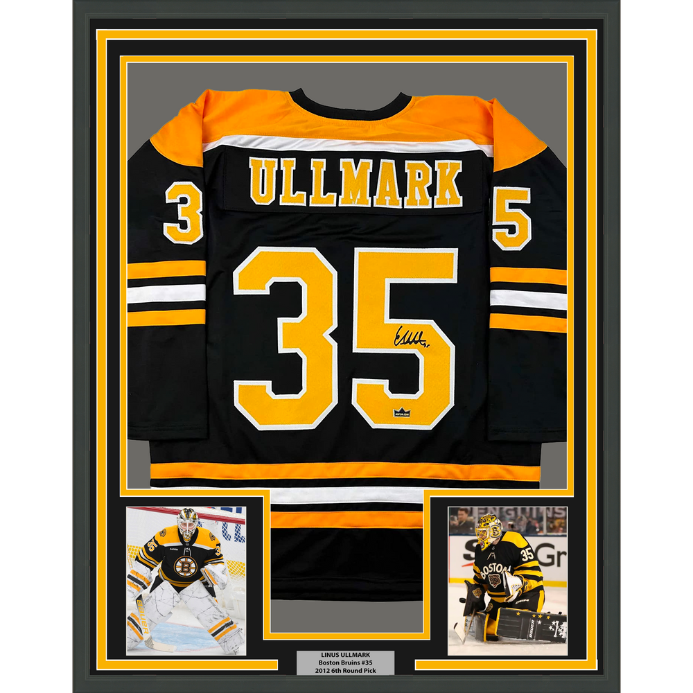 Framed Facsimile Autographed Linus Ullmark 35x39 Boston Black Reprint Laser Auto Hockey Jersey (ONLINE ORDER ONLY)
