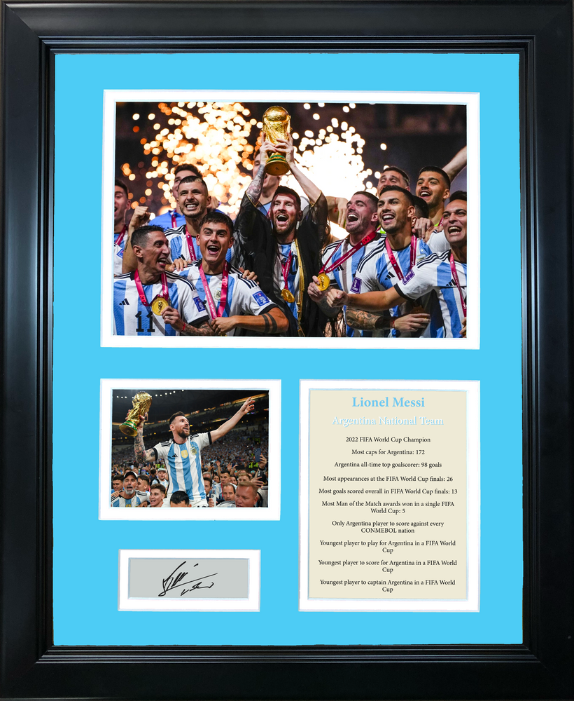 Framed Lionel Messi Argentina National Team World Cup Champions Facsimile Laser Engraved Signature Auto Soccer Futbol 11"x14" Photo Sig Collage (ONLINE ORDER ONLY)