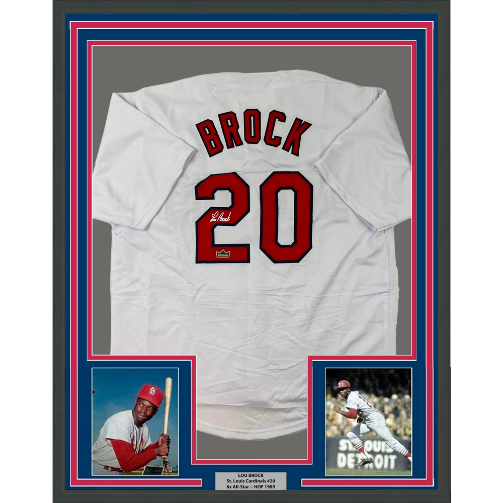 Framed Facsimile Autographed Lou Brock 35x39 St. Louis White Reprint Laser Auto Baseball Jersey (ONLINE ORDER ONLY)