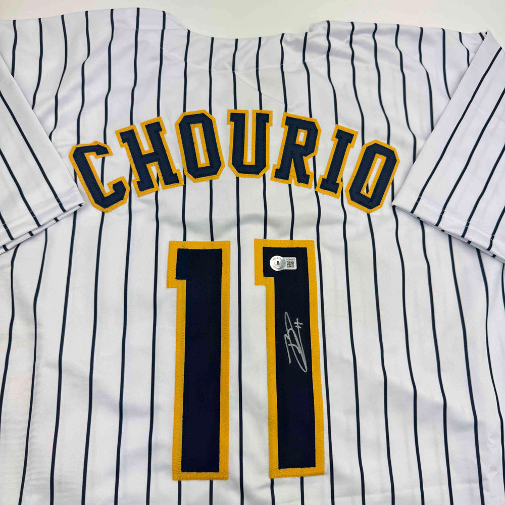Autographed/Signed Jackson Chourio Milwaukee Pinstripe Baseball Jersey Beckett BAS COA