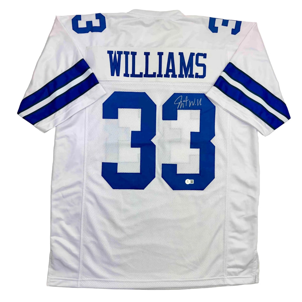 Autographed/Signed Javonte Williams Dallas White Football Jersey Beckett BAS COA