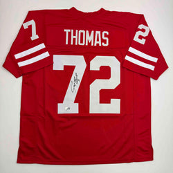 Autographed/Signed Joe Thomas Wisconsin Red College Football Jersey Beckett BAS COA