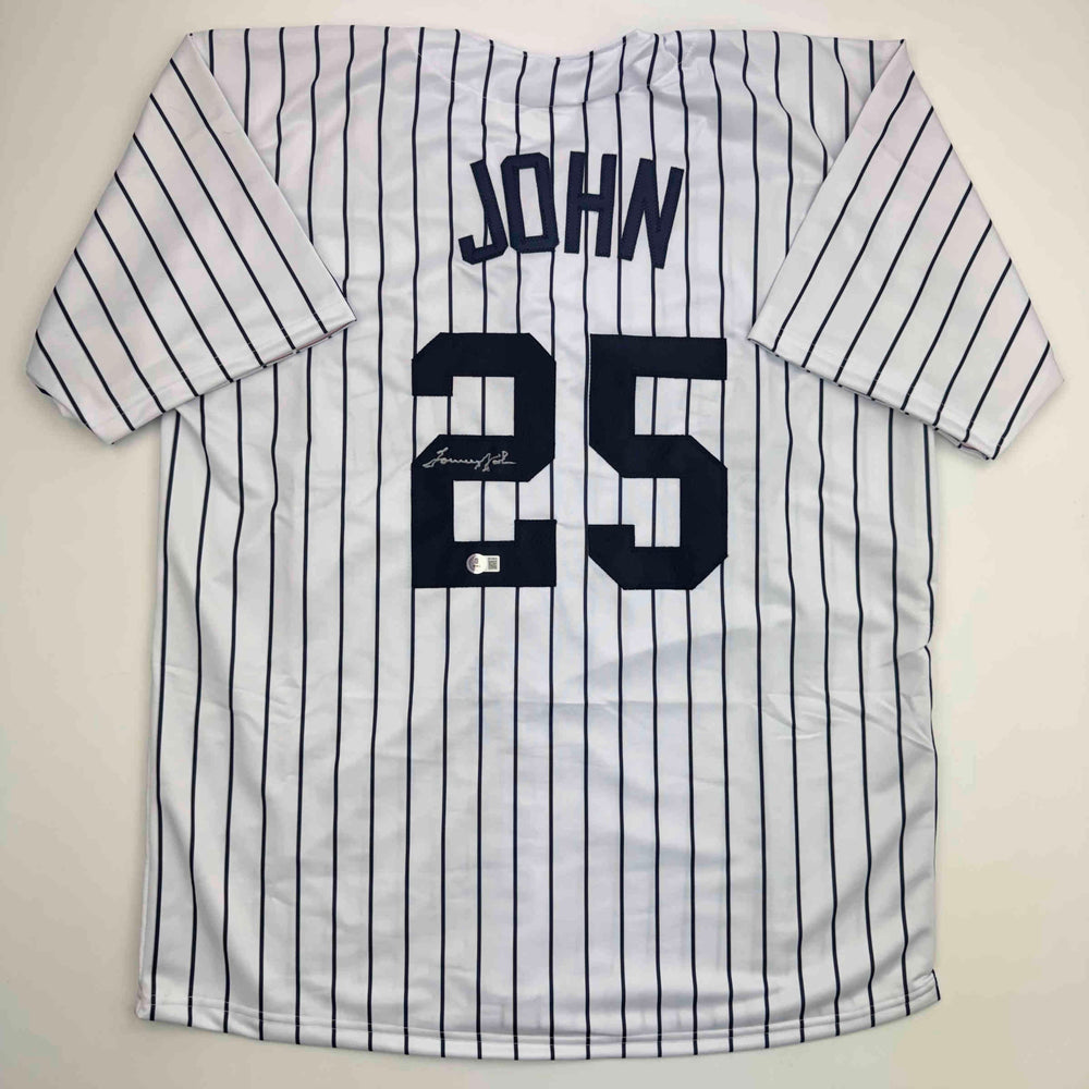 Autographed/Signed Tommy John New York Pinstripe Baseball Jersey Beckett BAS COA