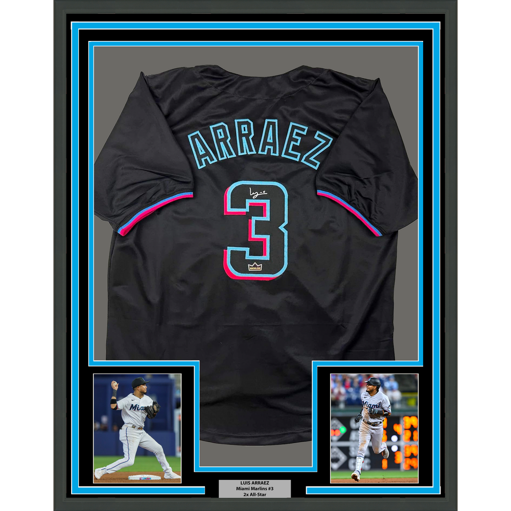 Framed Facsimile Autographed Luis Arraez 35x39 Miami Black Reprint Laser Auto Baseball Jersey (ONLINE ORDER ONLY)