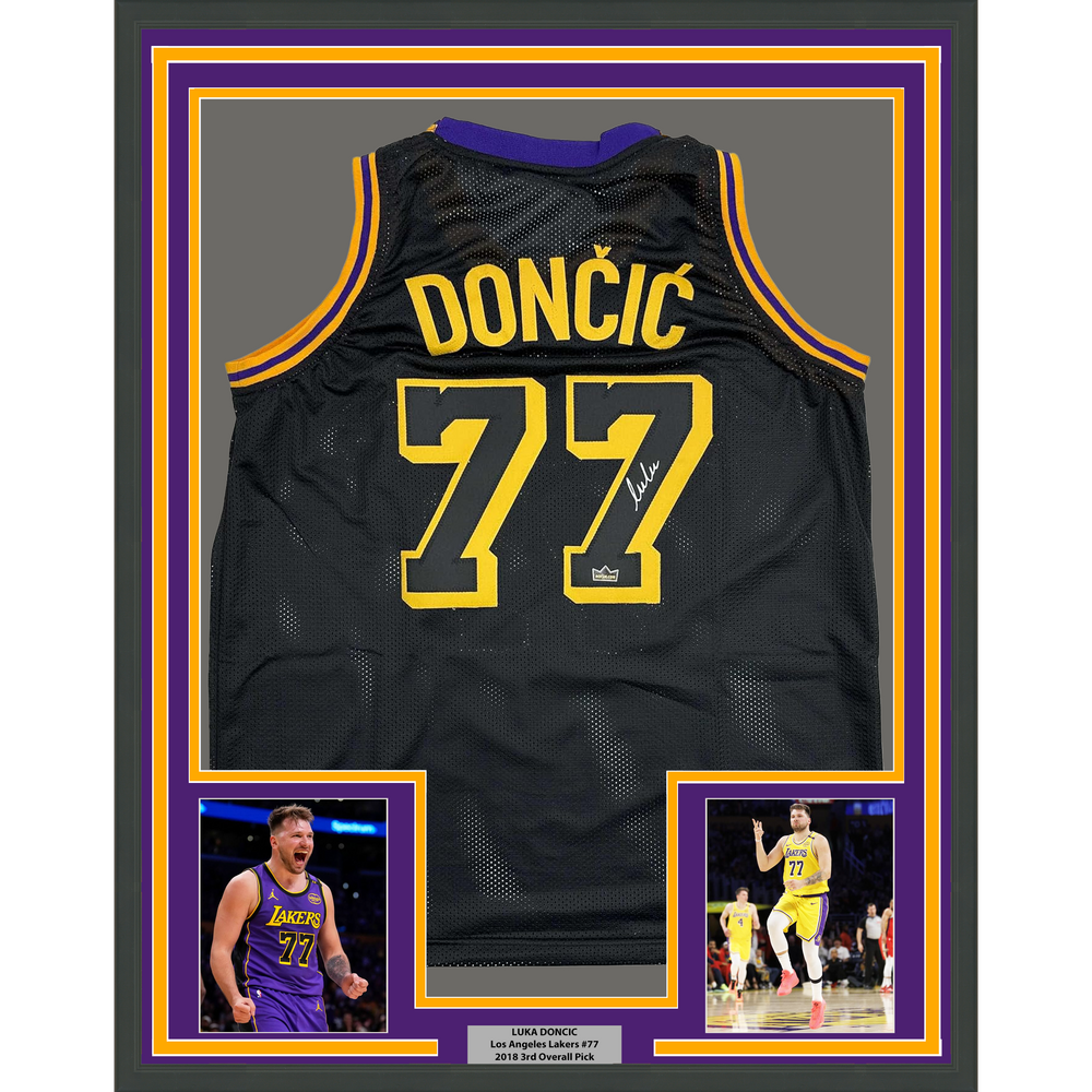 Framed Facsimile Autographed Luka Doncic 35x39 Los Angeles LA Black Mamba Reprint Laser Auto Basketball Jersey (ONLINE ORDER ONLY)