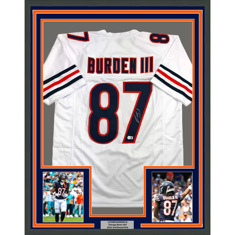 Framed Autographed/Signed Luther Burden 35x39 Chicago White Football Jersey Beckett BAS COA