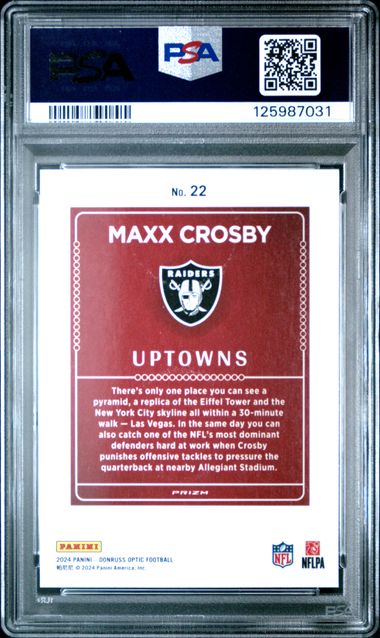 Graded 2024 Panini Donruss Optic Maxx Crosby #22 Uptowns Football Card PSA 10 Gem Mint (ONLINE ORDER ONLY)