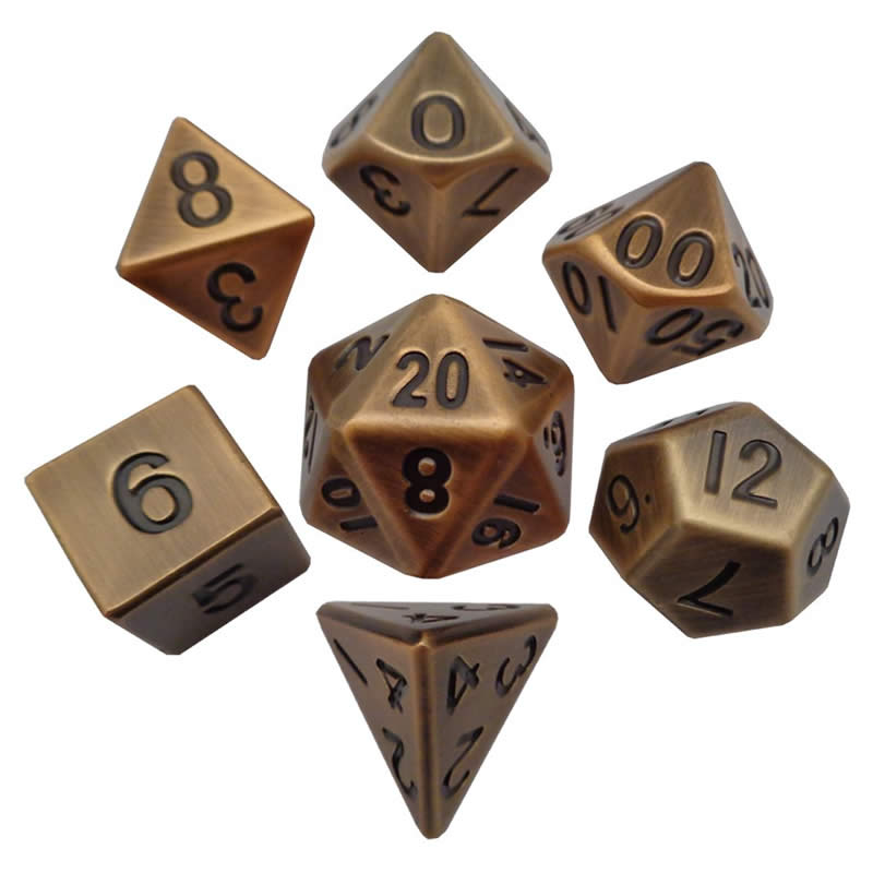 MET005 Antique Gold Color Solid Metal Dice 16mm (5/8in) 7-Dice Set (ONLINE ORDER ONLY)