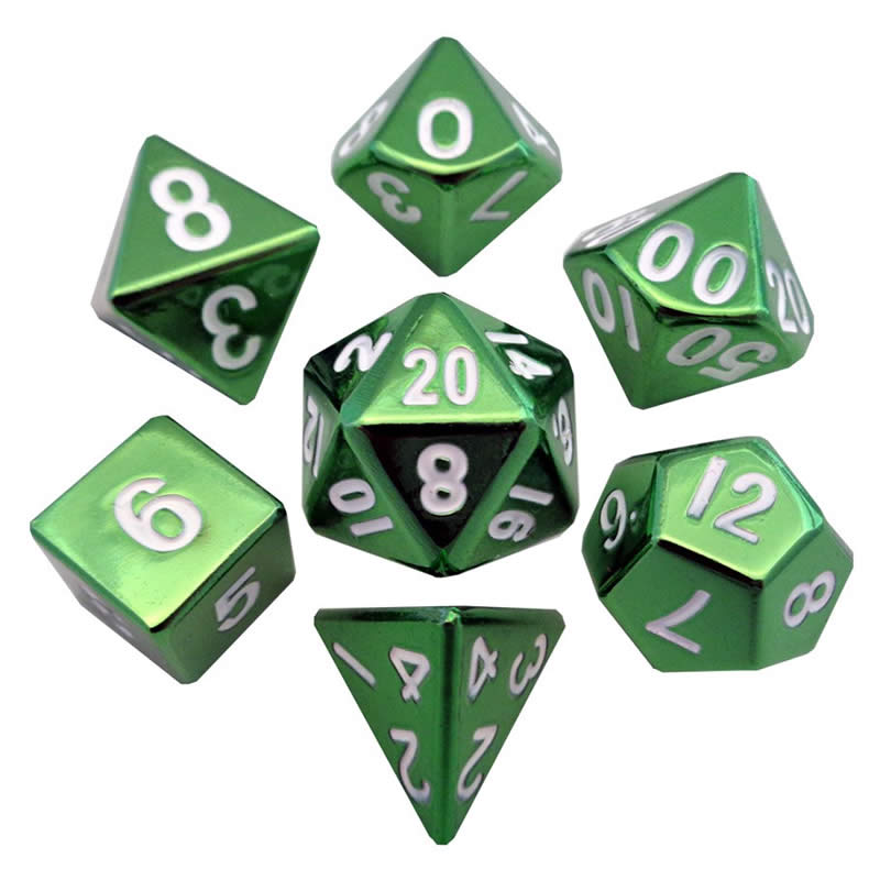 MET010 Green Painted Solid Metal Dice Polyhedral 16mm (5/8in) 7-Dice Set (ONLINE ORDER ONLY)