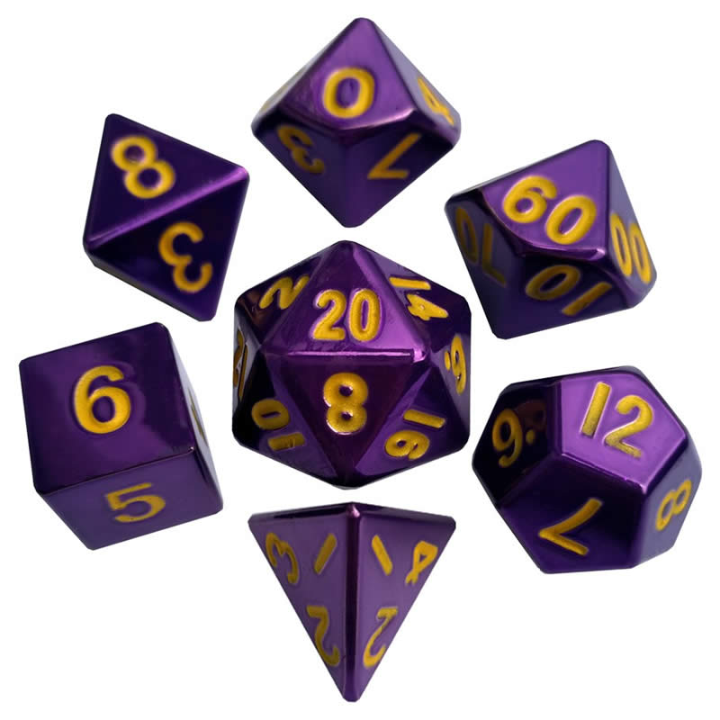 MET013 Purple Painted Solid Metal Dice Gold Numbers 16mm 7-Dice Set (ONLINE ORDER ONLY)