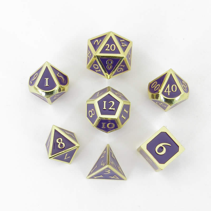 MET017 Purple Metal Dice with Gold Collored Numbers 16mm (5/8in) 7-Dice Set (ONLINE ORDER ONLY)