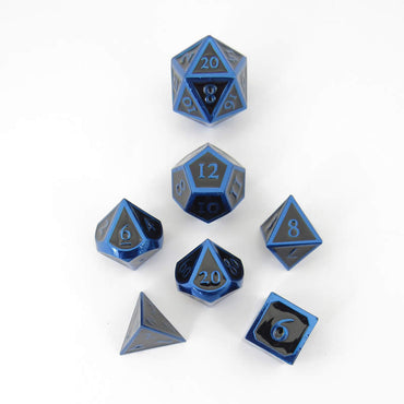 MET019 Black Blue Painted Metal Dice Blue Numbers 16mm (5/8in) 7-Dice Set (ONLINE ORDER ONLY)