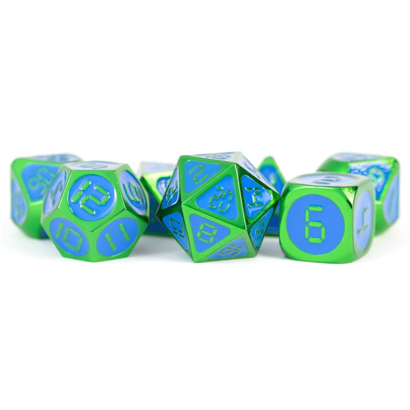 MET023 Green and Blue Metal Dice Green Digital Numbers 16mm (5/8in) 7-Dice Set (ONLINE ORDER ONLY)