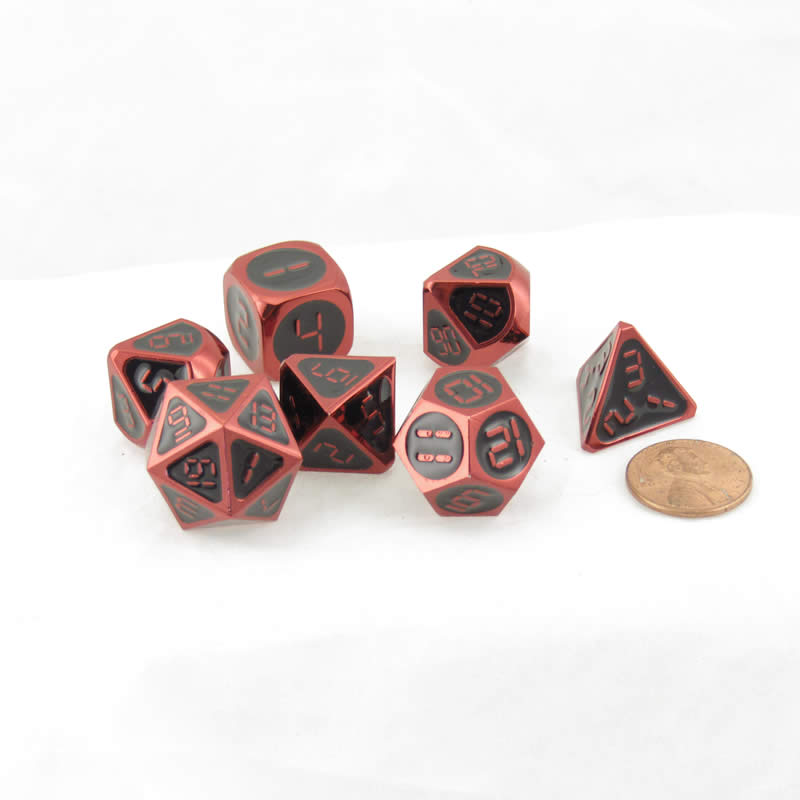 MET024 Red and Black Metal Dice Red Digital Numbers 16mm (5/8in) 7-Dice Set (ONLINE ORDER ONLY)