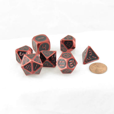 MET024 Red and Black Metal Dice Red Digital Numbers 16mm (5/8in) 7-Dice Set (ONLINE ORDER ONLY)