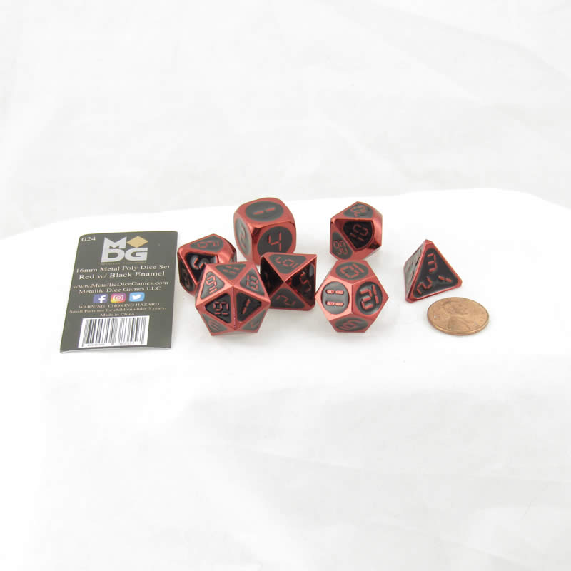MET024 Red and Black Metal Dice Red Digital Numbers 16mm (5/8in) 7-Dice Set (ONLINE ORDER ONLY)