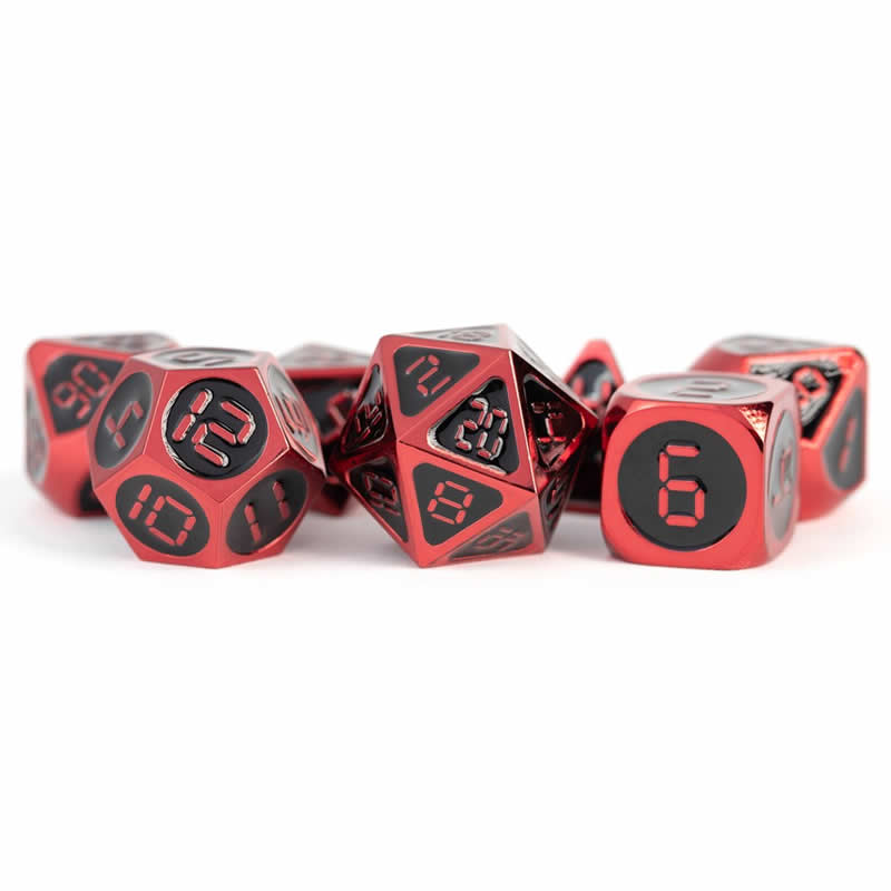 MET024 Red and Black Metal Dice Red Digital Numbers 16mm (5/8in) 7-Dice Set (ONLINE ORDER ONLY)