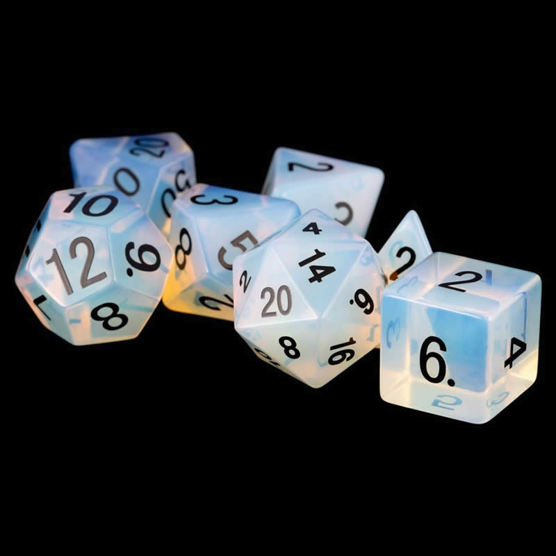 MET102 Opalite Stone Dice with Black Numbers 16mm (5/8in) Set of 7 (ONLINE ORDER ONLY)