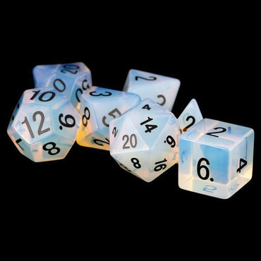 MET102 Opalite Stone Dice with Black Numbers 16mm (5/8in) Set of 7 (ONLINE ORDER ONLY)
