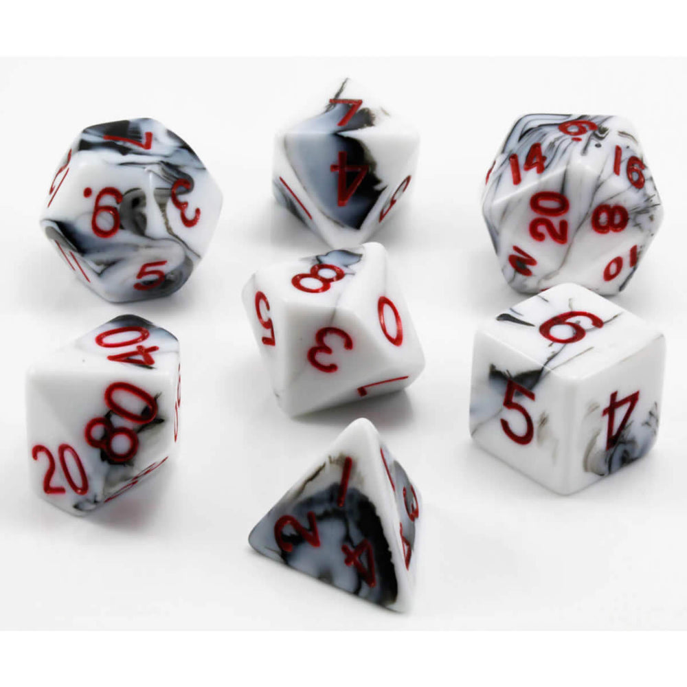 MET1031 Black White Marble Acrylic Dice Red Numbers 16mm (5/8in) Set of 7 (ONLINE ORDER ONLY)