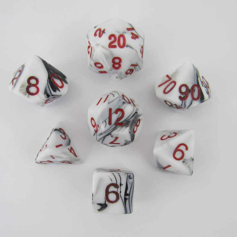 MET1031 Black White Marble Acrylic Dice Red Numbers 16mm (5/8in) Set of 7 (ONLINE ORDER ONLY)