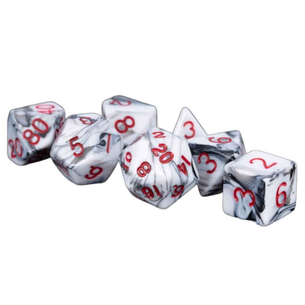MET1031 Black White Marble Acrylic Dice Red Numbers 16mm (5/8in) Set of 7 (ONLINE ORDER ONLY)