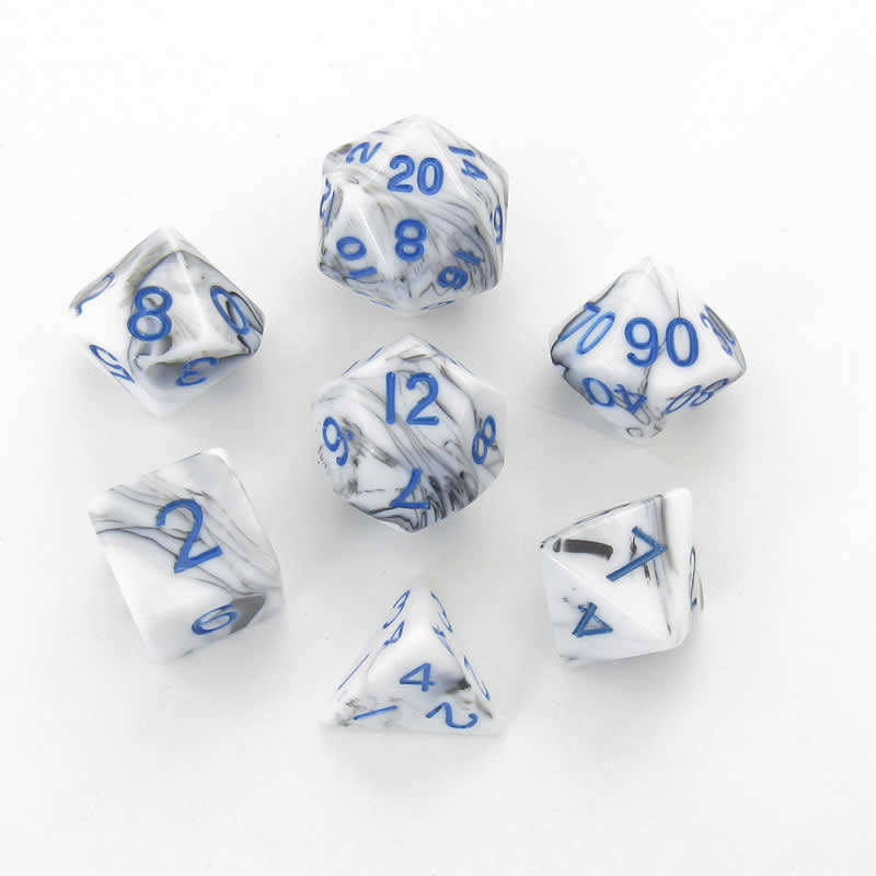 MET1032 Black White Marble Acrylic Dice Blue Numbers 16mm Set of 7 (ONLINE ORDER ONLY)