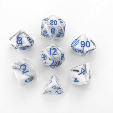 MET1032 Black White Marble Acrylic Dice Blue Numbers 16mm Set of 7 (ONLINE ORDER ONLY)