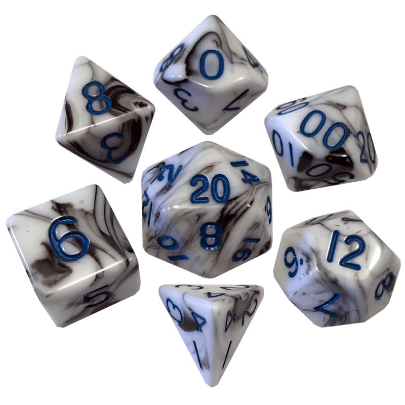 MET1032 Black White Marble Acrylic Dice Blue Numbers 16mm Set of 7 (ONLINE ORDER ONLY)