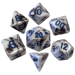 MET1032 Black White Marble Acrylic Dice Blue Numbers 16mm Set of 7 (ONLINE ORDER ONLY)